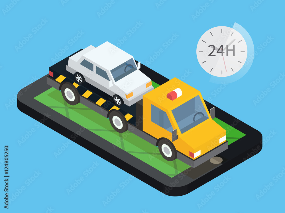 Car towing truck, online roadside assistance. Evacuator in mobile app. Flat design illustration. Car towing truck, online roadside assistance. Evacuator in mobile app. Flat design illustration.
