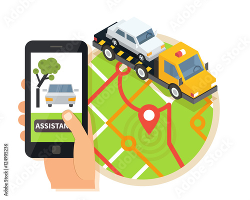 Car towing truck, online roadside assistance. Evacuator in mobile app. Flat design illustration.