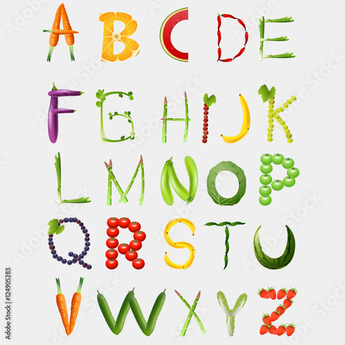 Food alphabet made of vegetables and fruits. Vegetables font. Healthy food vegetables letter