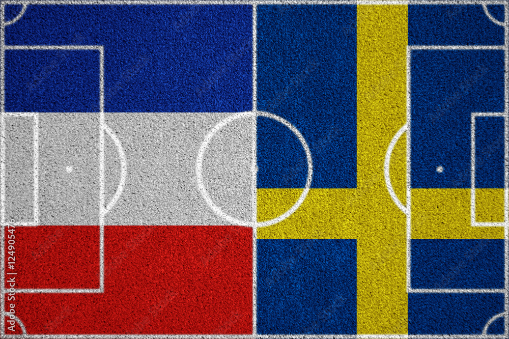 Flags France - Sweden on the football field. 2018 football qualifiers