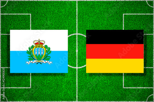 Flags San Marino - Germany on the football field. 2018 football qualifiers