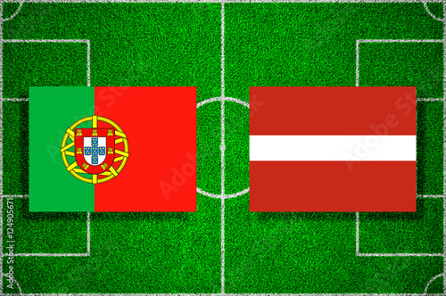 Flags Portugal - Latvia on the football field. 2018 football qualifiers