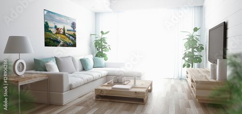 Salotto con divano e parquet render 3d luminoso e ampio photo
