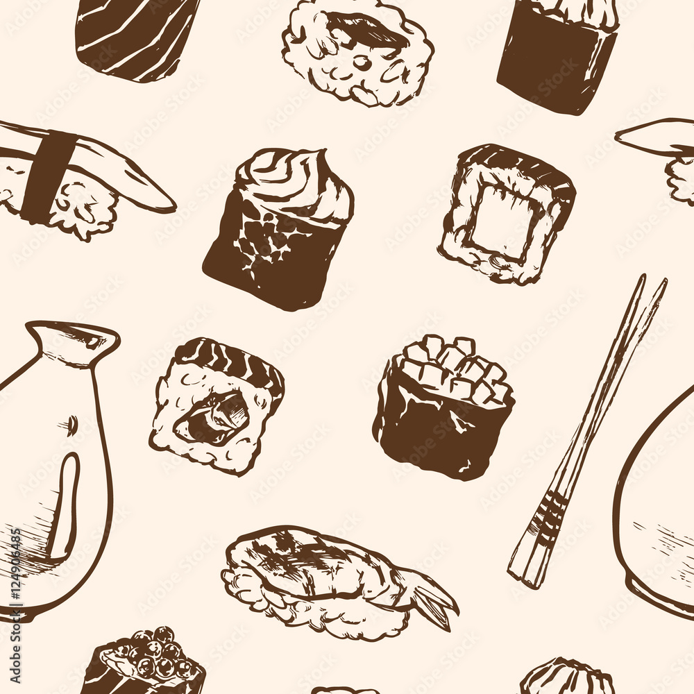 Seamless pattern Sushi rolls and japanese seafood l with salmon, smoked eel, selective food vector. Seamless pattern Sushi rolls and japanese seafood l with salmon, smoked eel, selective food vector.