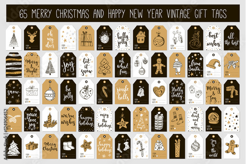Huge collection Merry Christmas and Happy New Year vintage gift tags cards with calligraphy.