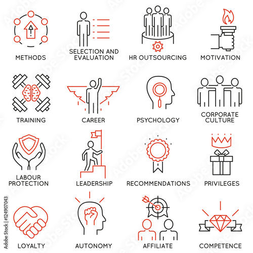 Vector set of 16 linear thin icons related to striving for success, leadership development, career progress, corporate management. Mono line pictograms and infographics design elements - part 1