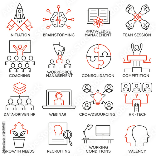 Vector set of 16 linear thin icons related to striving for success, leadership development, career progress, corporate management. Mono line pictograms and infographics design elements - part 2