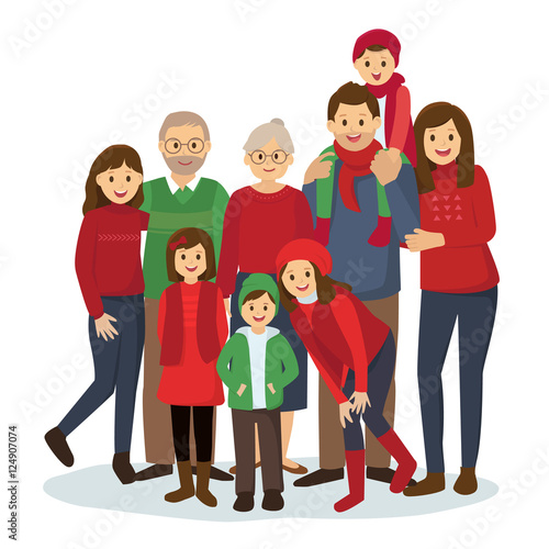 Happy big family in Christmas theme clothes