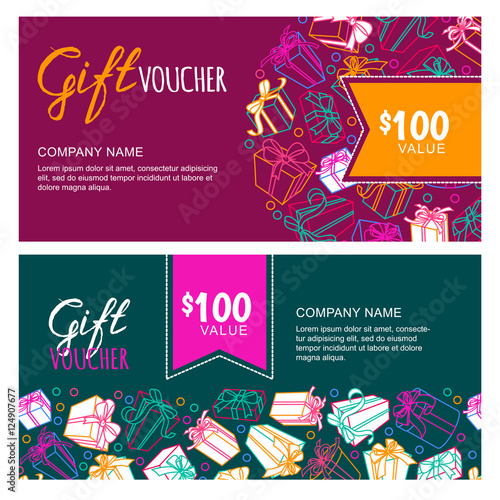 Vector gift voucher template with outline multicolor gift box, ribbons and calligraphy. Christmas or New Year holidays cards. Design concept for gift coupon, invitation, certificate, flyer, banner.