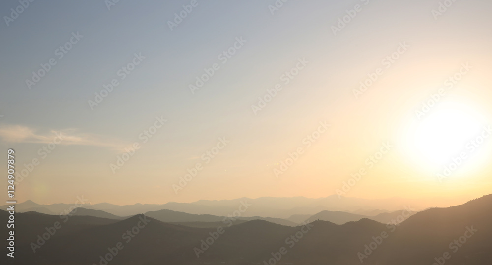 Sunset. ridge Mountains. Skyline. Dinaric Alps. Sky gradient. Lo