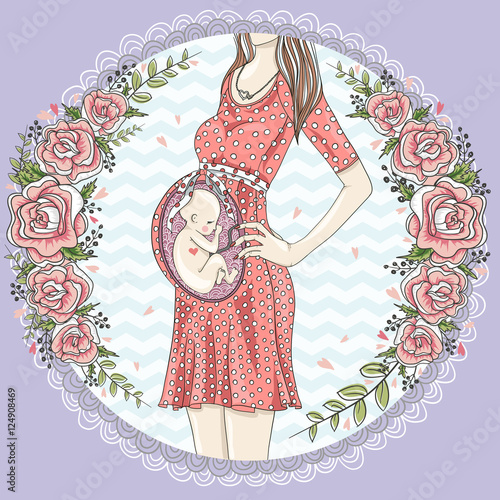 Pregnant woman with cute baby and flower frame.
