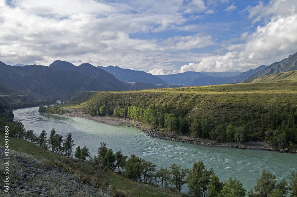 Morning in the valley of Katun river. Altai Mountains, Russia.