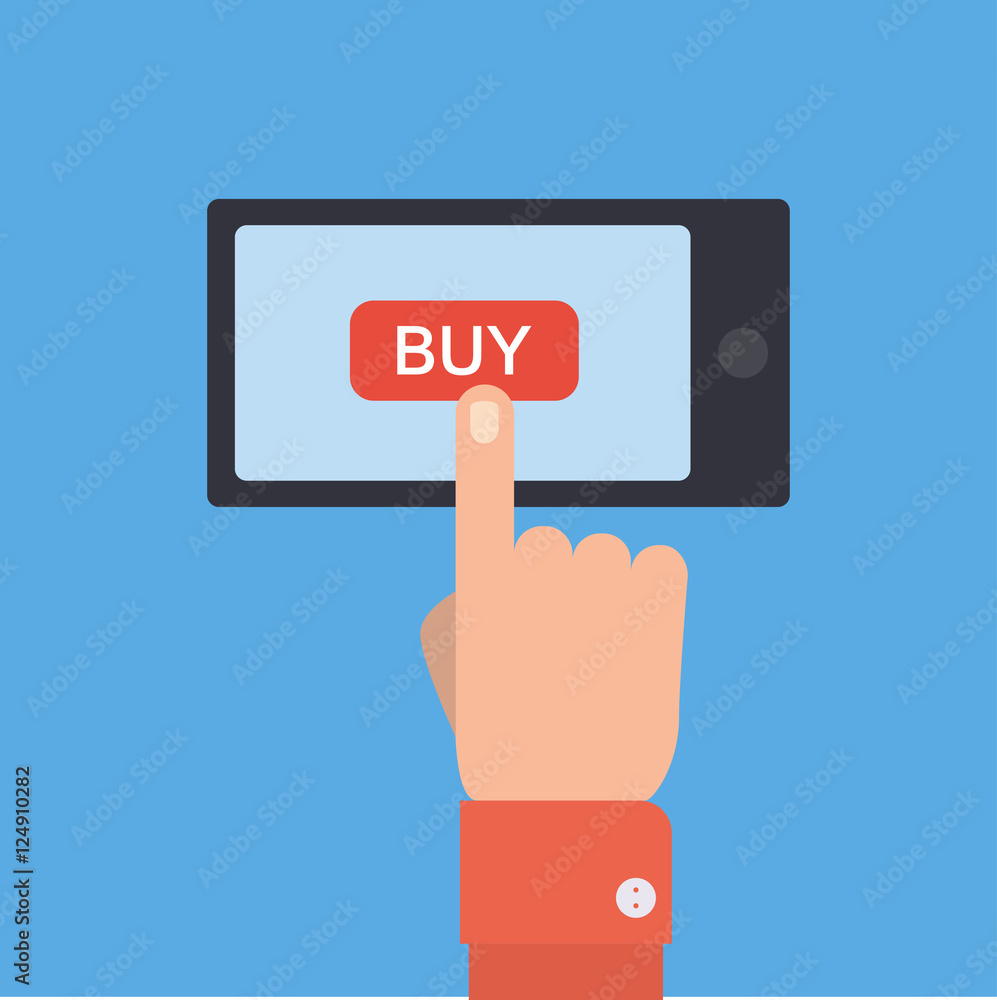 Hand holing smart phone with buy button on the screen. Hand holing smart phone with buy button on the screen.