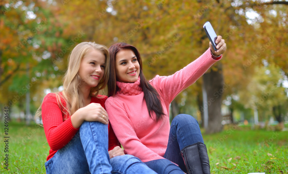 Friends Making Selfie Two Beautiful Young Women Making Selfie Stock