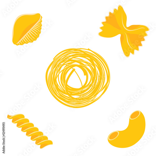 Hand-drawn vector set pasta in different shapes - Farfalle, penne, fusilli.