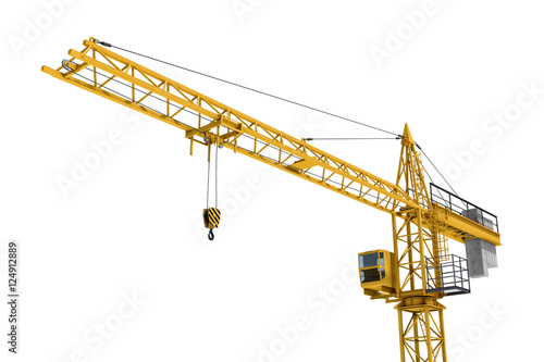 Rendering of yellow construction crane isolated on white background. photo