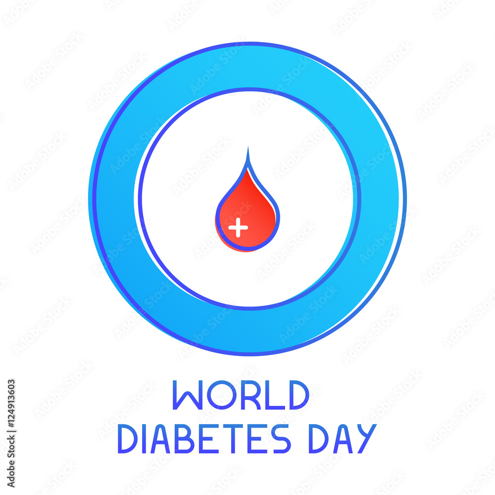 World Diabetes Day awareness poster. Blue circle with a drop of blood