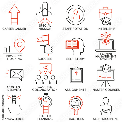 Vector set of 16 linear thin icons related to striving for success, leadership development, career progress, corporate management. Mono line pictograms and infographics design elements - part 4