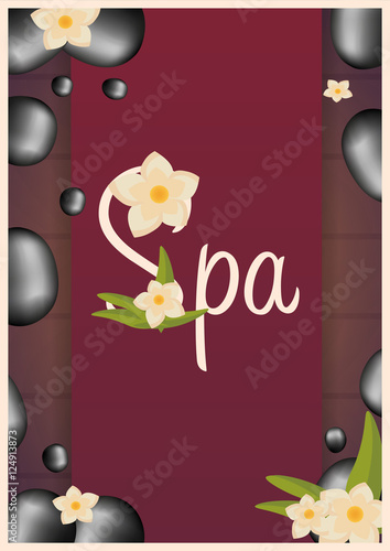 Spa salon Poster with stones. Thai Massage. Wood texture. Vector illustration.