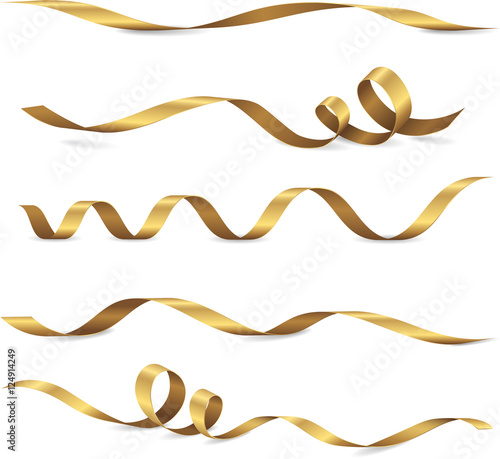Set of five shiny golden ribbons. Vector realistic elements for your design greeting or gift card and invitation for holidays. Isolated from the background...