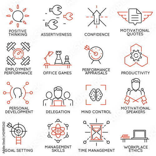 Vector set of 16 linear thin icons related to striving for success, leadership development, career progress and personal training. Mono line pictograms and infographics design elements - part 7