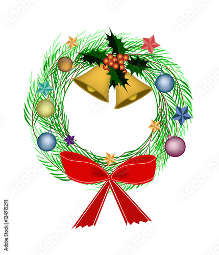 Illustration of Christmas Wreath of Pine Leaves Decorated with Red Bow, Holly Leaves and Berry, Snowflakes and Golden Bells Isolated on White Background

