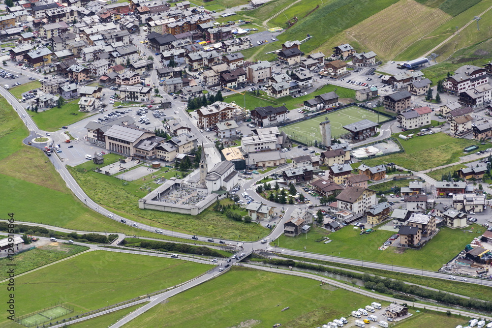 Aerial view of Livigno in Alps mountains, Lombardy, Italy
