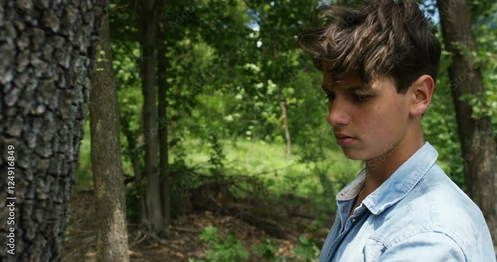 young boy in a green forest in nature ,touches a tree in slow motion , the wind caresses the skin and the hair , the trees in the green nature move . concept of nature and authenticity.6k resolution young boy in a green forest in nature ,touches a tree in slow motion , the wind caresses the skin and the hair , the trees in the green nature move . concept of nature and authenticity.6k resolution