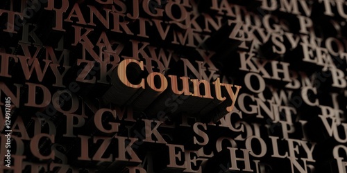 County - Wooden 3D rendered letters/message. Can be used for an online banner ad or a print postcard.