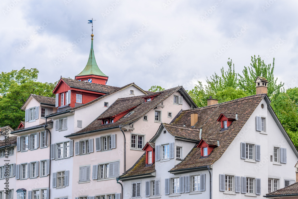 View of historic Zurich city center  on a summer day, Canton of Zurich, Switzerland.