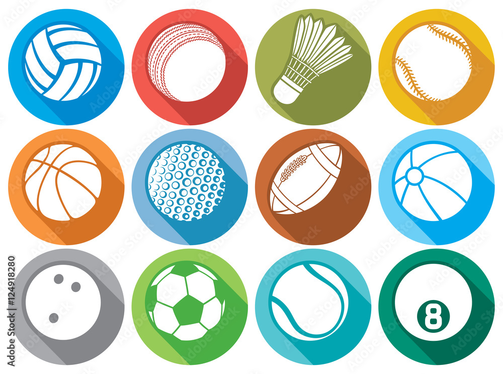 sport ball flat icons (tennis, american football, soccer, volleyball,  basketball, baseball, bowling, cricket, badminton, billiard) Stock Vector |  Adobe Stock