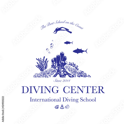 Scuba diving and snorkeling center or school logo. Scuba diver swimming underwater over beautiful corals. Vector Illustration