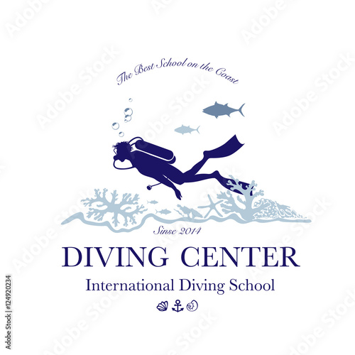 Scuba diving and snorkeling center or school logo. Scuba diver swimming underwater over beautiful corals. Vector Illustration