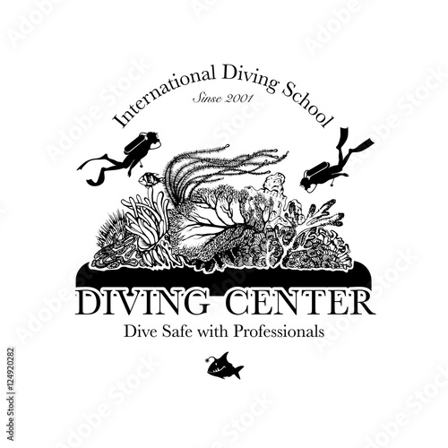 Scuba diving and snorkeling center or school logo. Scuba diver swimming underwater over beautiful corals. Vector Illustration
