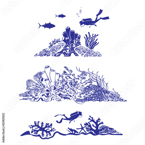 Underwater world. Scuba diver swimming over beautiful sealife. Fish, coral reef, polyps and deep water plants. Vector Illustration