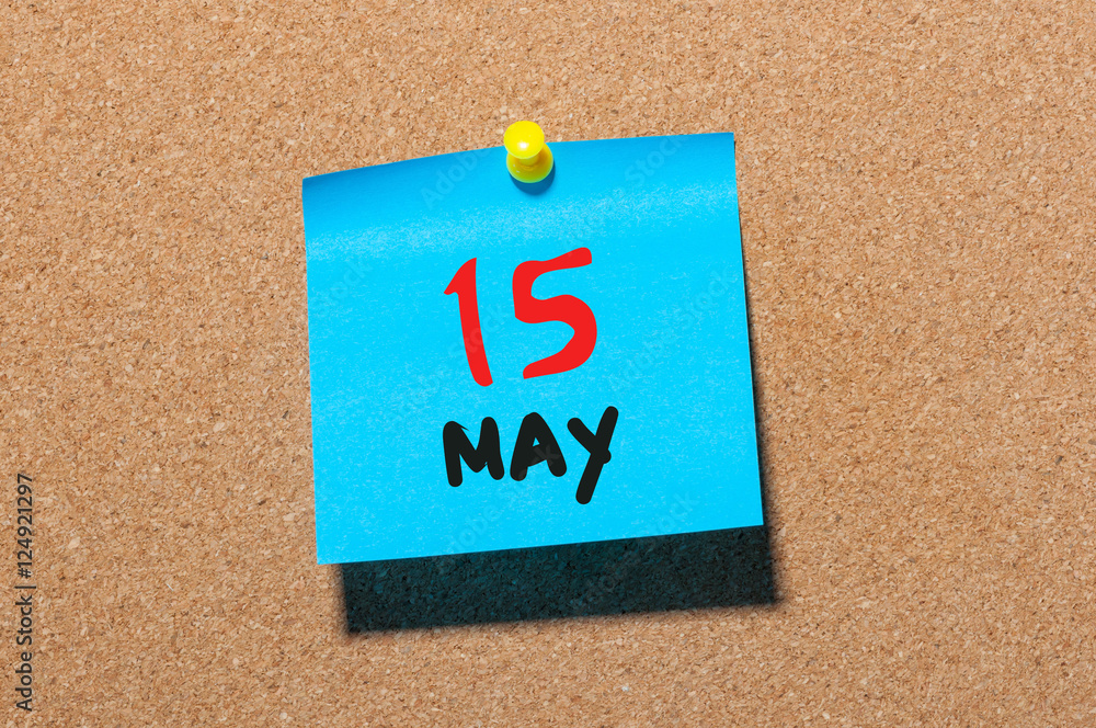May 15th. Day 15 of month, calendar on cork notice board, business background. Spring time, empty space for text May 15th. Day 15 of month, calendar on cork notice board, business background. Spring time, empty space for text