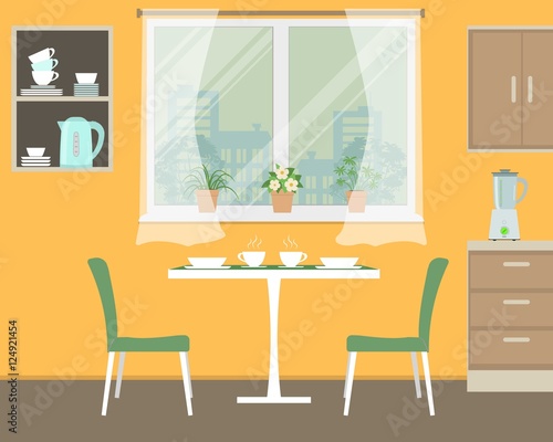 Kitchen in orange color. There is a table, two green chairs, shelves, a window with flowers and other objects in the picture. Vector illustration
