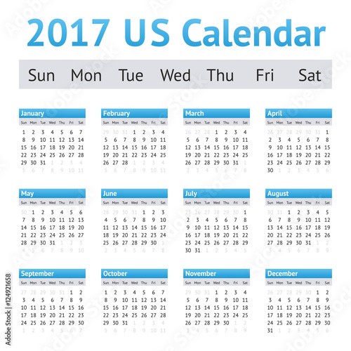 2017 US American English Calendar. Week starts on Sunday