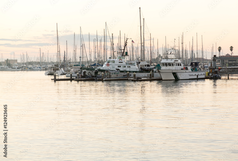 Yachts and boats in Ventura harbor dawn