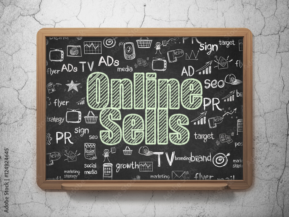 Marketing concept: Online Sells on School board background