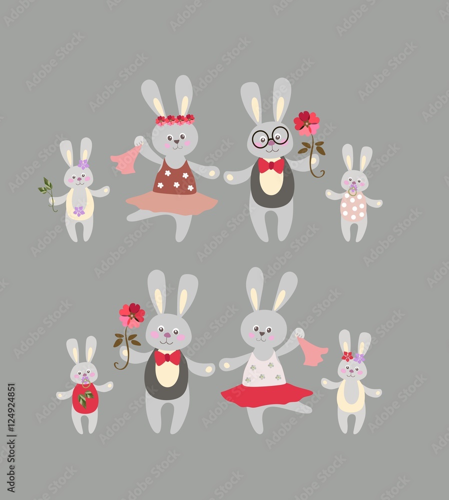 Obraz premium Two rabbit family on grey background. Father, mother, son, daughter. Cute cartoon animals.