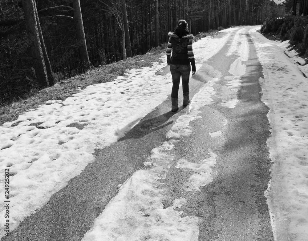 Woman walking snow Woman walking snow