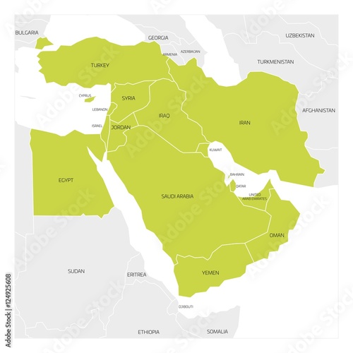 Map of Middle East or Near East transcontinental region with green highlighted Western Asia countries, Turkey, Cyprus and Egypt. Flat map with thin white state borders.