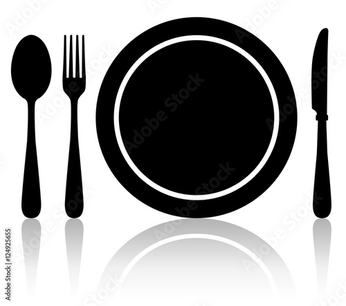 Fork, knife, Spoon and plate on reflective surface