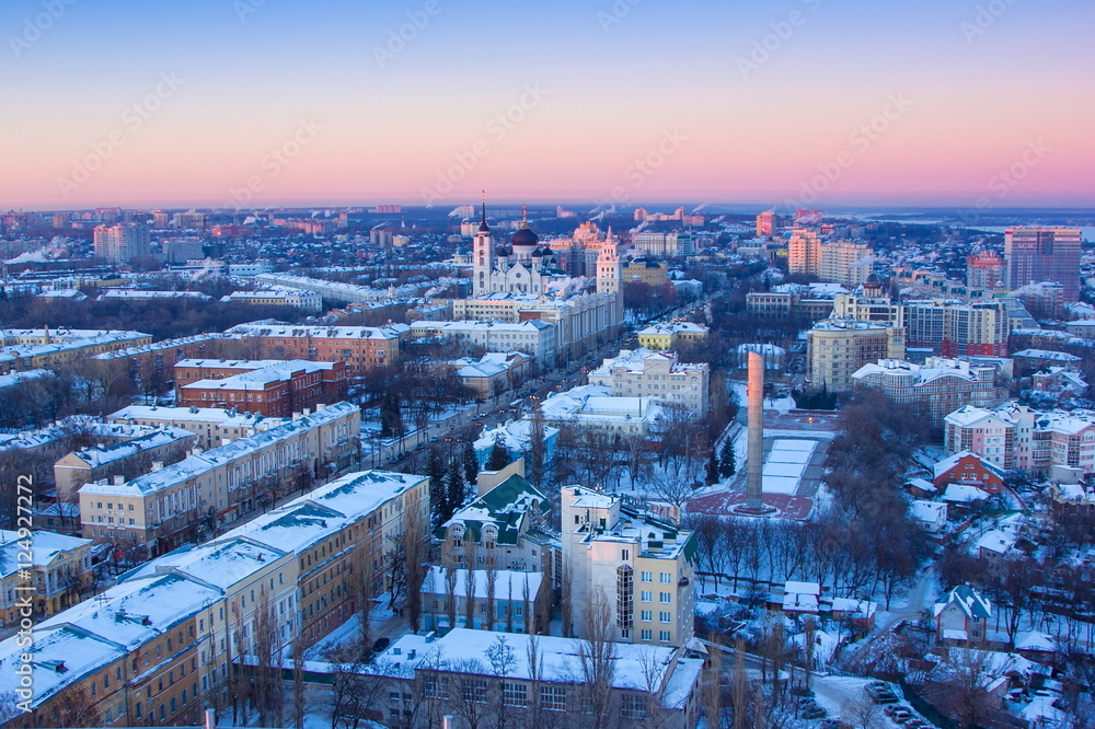 Voronezh from rooftop, evening sunset, prospect of Revolution 