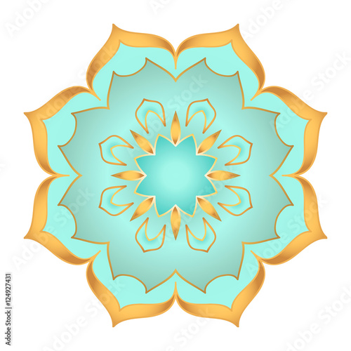 Mandala flower in beautiful gold and turquoise colors on white background