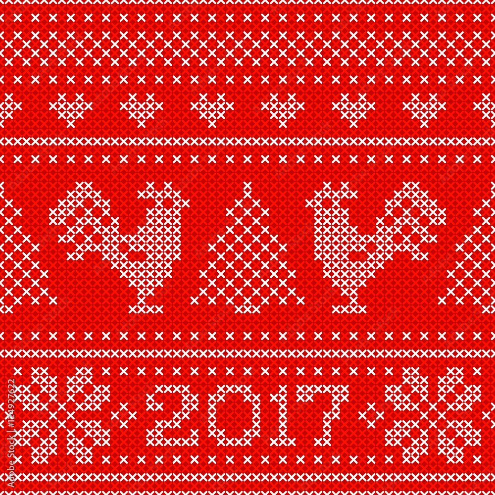 Seamless pattern with cross stitch embroidered roosters and text 2017.