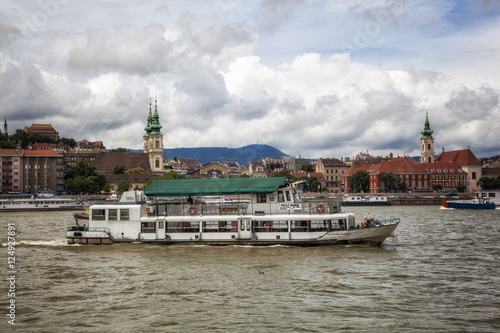 Boat crossing the Danube river, Budapest, Hungary