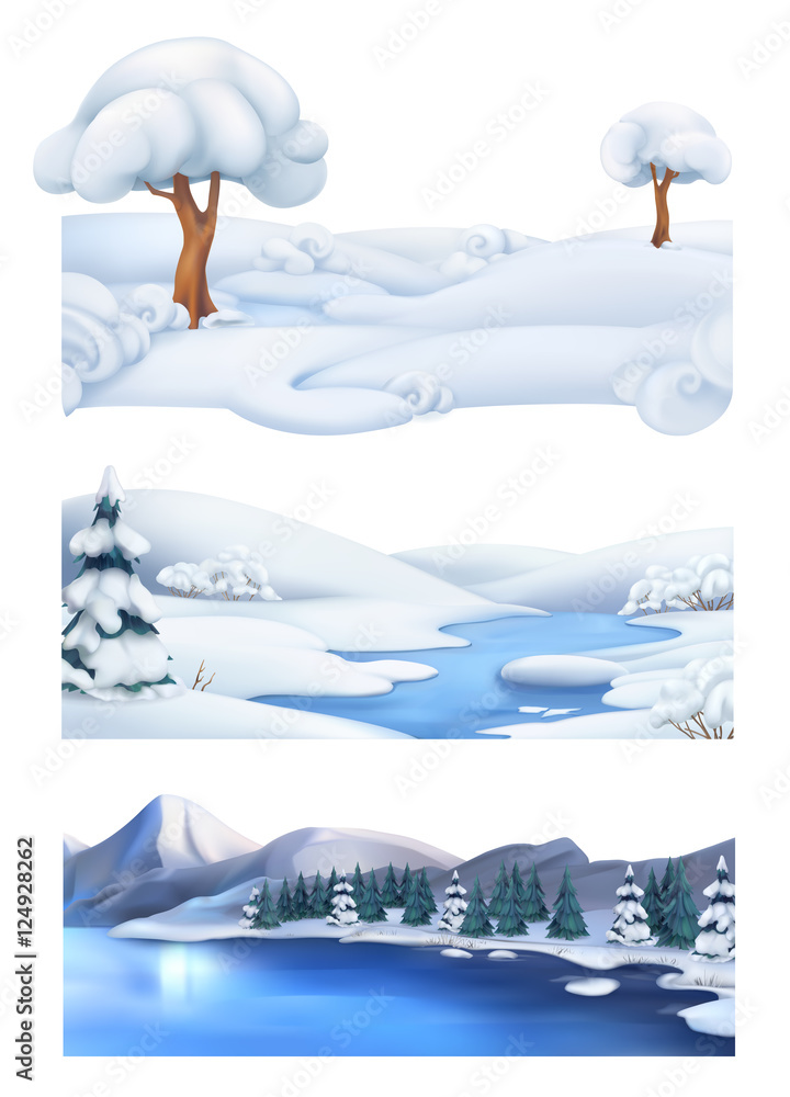 Fototapeta premium Christmas background. Winter landscape. 3d vector banner set