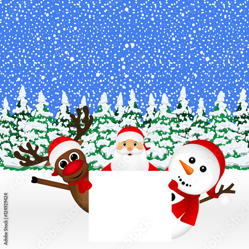 Santa Claus with snowman and reindeer peeking